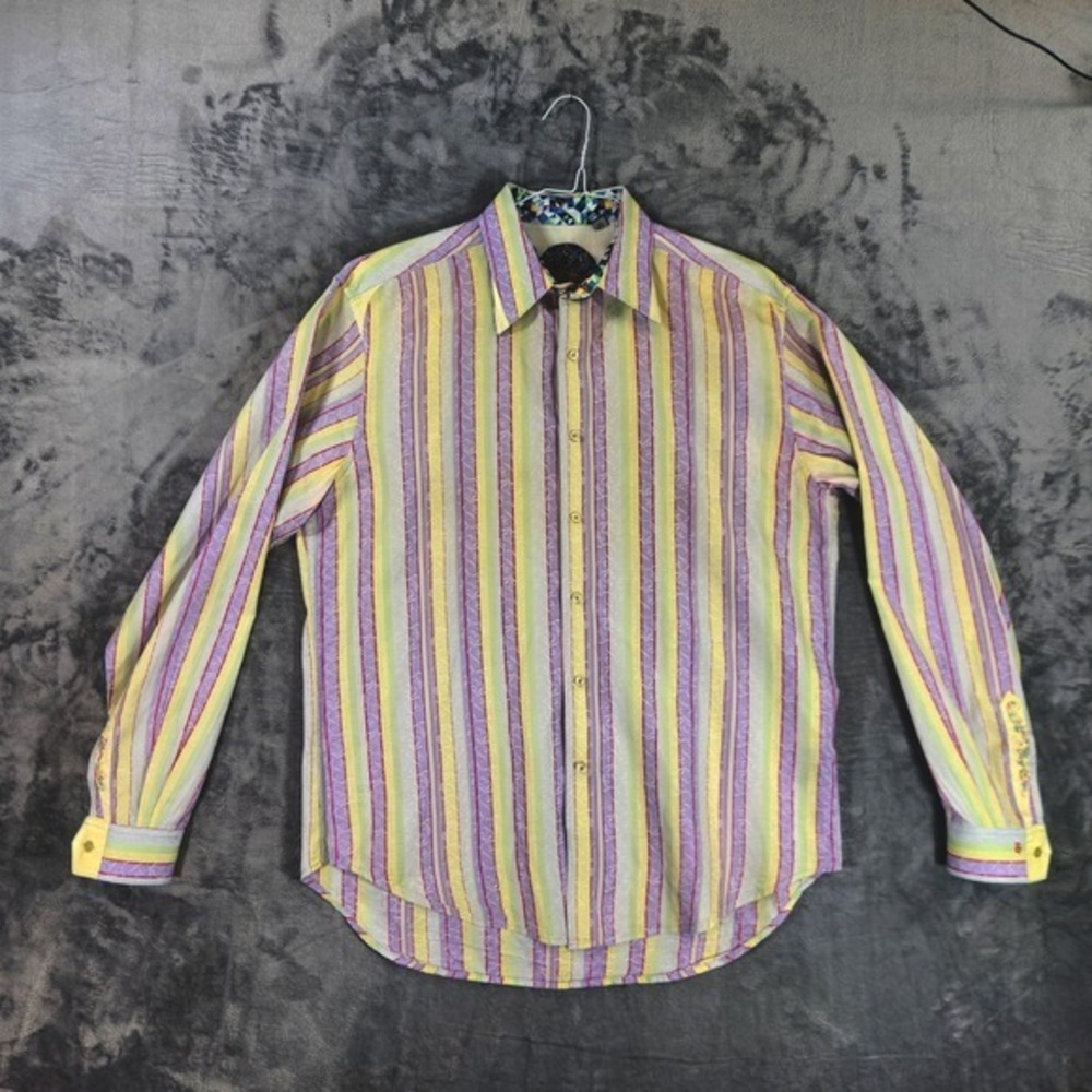 Robert Graham Mens Large Striped Button Down Shirt Yellow Purple Long Sleeve L/G